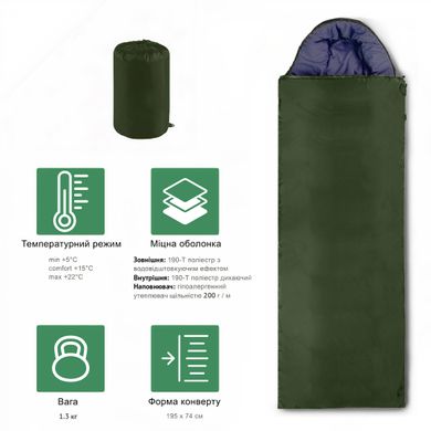 Спальний мішок-ковдра з водовідштовхувальної тканини INSPIRE з капюшоном, Армійський