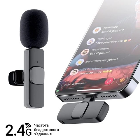 Бездротовий петличний мікрофон Onedery для iPhone, Lighting Чорний, з шумозаглушенням 80 мАг BPML фото