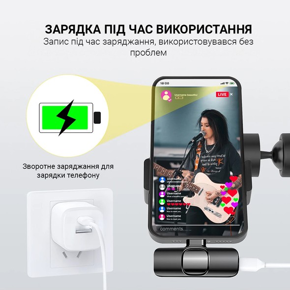 Беспроводной петличный микрофон Onedery для iPhone,  Lighting Черный,с шумоподавлением 80 мАч BPML фото