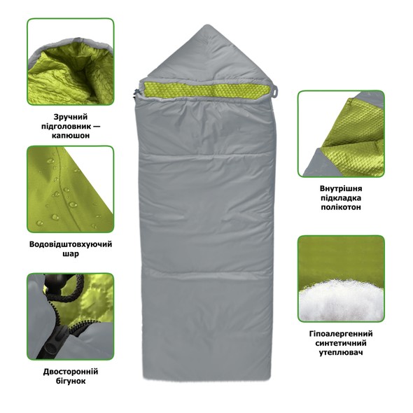 Вологостійкий спальний мішок-ковдра INSPIRE з капюшоном, Сірий wsm-2 фото