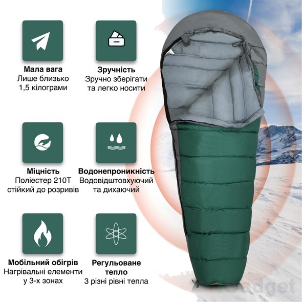 Спальный мешок зимний с подогревом GeerTop Зеленый A-Sleeping-bag001 фото