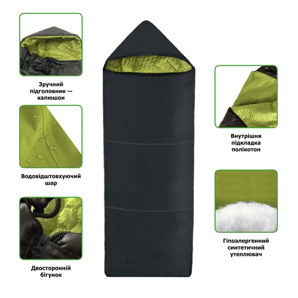 Влагостойкий спальный мешок-одеяло INSPIRE с капюшоном, Чёрный wsm-1 фото