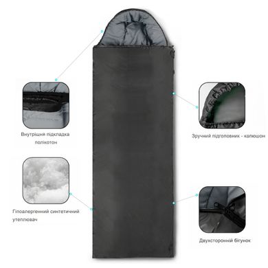 Спальный мешок-одеяло INSPIRE с капюшоном, Чёрный